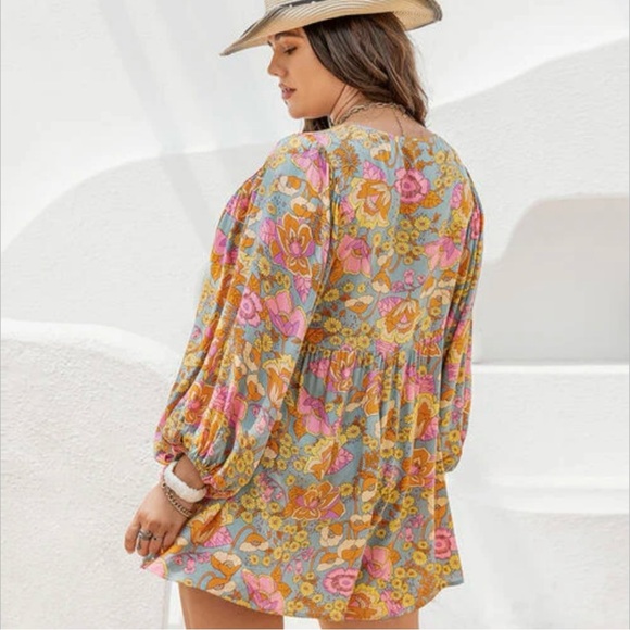 Floral Boho Romper Jumpsuit with Balloon Sleeves - Size: XL - Picture 10 of 12